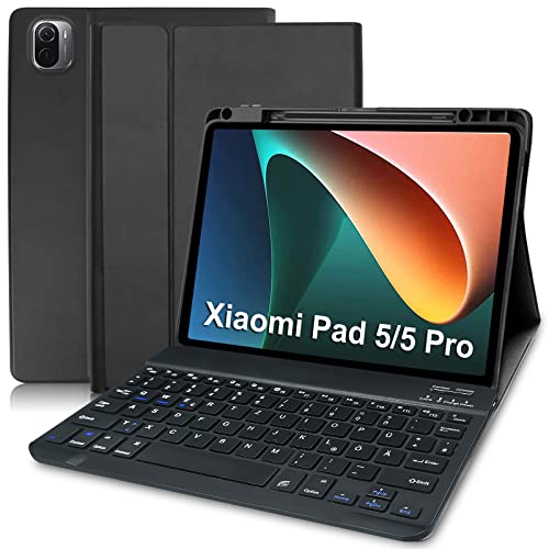 Tastatur Hülle für Xiaomi Pad 5/5 Pro 11" 2021 Tablet, Soft TPU Rückseite Gehäuse Schutzhülle Abnehmbarer Tastatur (Deutsches QWERTZ) mit Pencil Halter, Magnetisch Abnehmbare Kabellose, Schwarz von Yeegnar