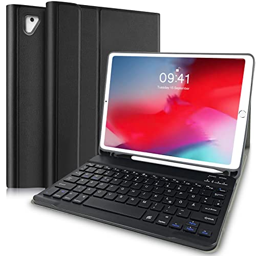 QWERTZ Hülle für iPad 9.7 2018 (6. Generation)/2017 (5. Generation)/Pro 9.7/Air 2/Air 1 - Slim Schutzhülle Mit Pencil Halter und Wireless Tastatur (Schwarz) von Yeegnar