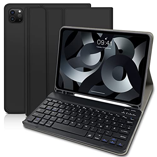 Yeegnar Tastatur Hülle für iPad Air 5 2022 & iPad Air 4 2020, QWERTZ German Bluetooth Tastatur, Hülle mit Tastatur Kompatibel mit iPad Pro 11 2022/2021/ 2020/2018, Schwarz (iPencil Nicht enthalten) von Yeegnar