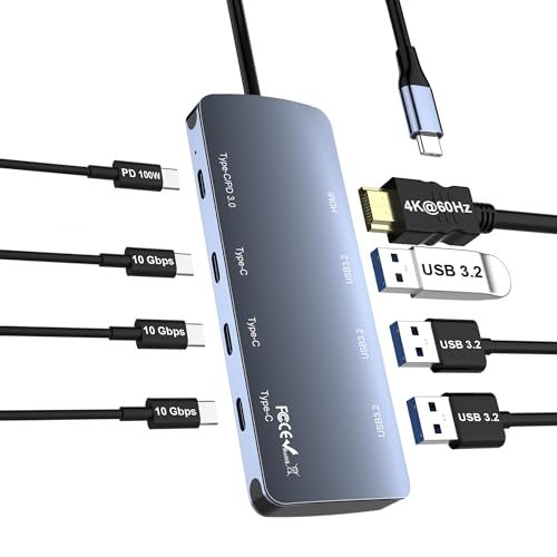 8 in 1 USB C Hub mit 100W PD, USB C 3.2 Gen2 10Gbps Docking Station mit 4K@60Hz HDMI, Hub Typ C to USB A/C Multiport Adapter für MacBook, Surface, HP, Lenovo, Dell Laptop und mehr Typ C Geräten von Yeemie Pro