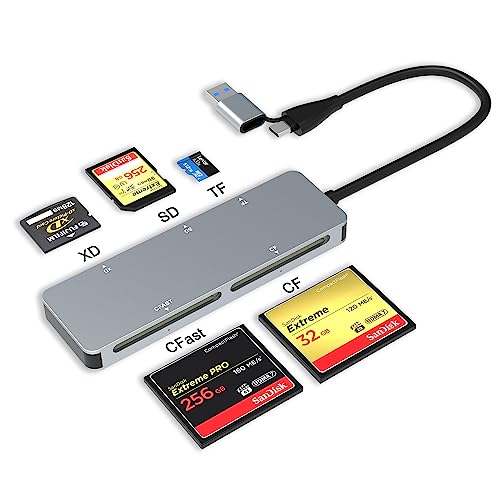 CFast Kartenleser, USB C+A CFast 2.0 Kartenleser, Typ-C & USB-A 3.0 5Gbs CFast Speicherkartenadapter für SanDisk, Lexar, Transcend, Sony Card, liest CFast/TF/SD/XD/CF 5 Karten gleichzeitig von Yeemie Pro