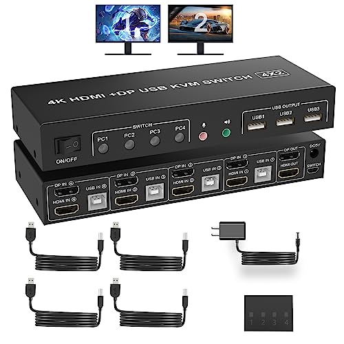 Displayport + HDMI KVM Switch 2 Monitore 4 Computer, 4K@60Hz Dual Monitor KVM Switch 4 Port mit Audio Mikrofon Ausgang und 3 USB Ports, HDMI+DP Monitor Switch für 4 PCs 2 Monitore von Yeemie Pro