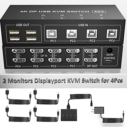 Displayport KVM Switch 4 Computer 2 Monitore, 4K@60Hz 4 Port KVM Switch Dual Monitor Displayport mit 4 USB Hub, Dual Monitor Displayport KVM 4PCs Share 1 Set von Tastatur, Maus und 2 Monitore von Yeemie Pro