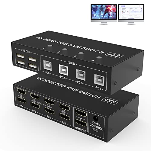 Dual Monitor HDMI KVM Switch 4 Port - 4K@60Hz HDMI KVM Switch 4 PC 2 Monitore 4 in 2 Out Extended Display - Monitor Tastatur Maus Switcher mit 4 USB Kabeln USB Netzkabel Controller von Yeemie Pro