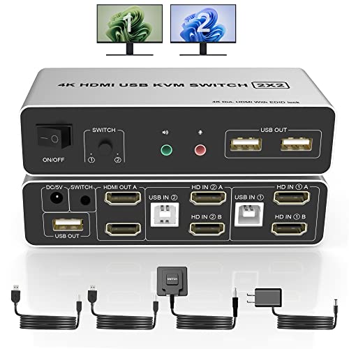 Dual Monitore HDMI KVM Switch 2 Computer, Unterstützt EDID, 4K@60Hz HDMI KVM Switch 2 PC 2 Monitore Extended Display mit Audiomikrofonausgang und 3 USB Ports, PC Monitor Keyboard Mouse Switcher von Yeemie Pro