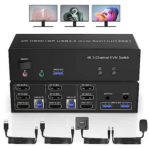 HDMI + 2 Displayport USB 3.0 KVM Switch Dreifach-Monitor für 2 Computer, 4K@60Hz KVM-Umschalter 2 Computer x 3 Monitore mit Audio-Mikrofon-Ausgang und 3 USB 3.0 Ports, Tastatur-Maus-Umschalter von Yeemie Pro