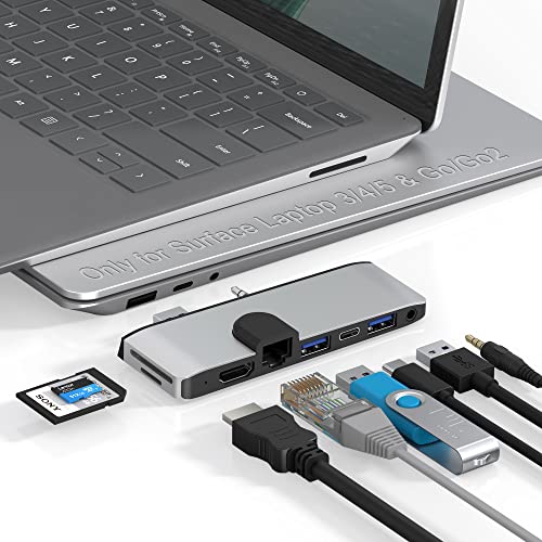 Surface Laptop 5 USB Hub Dockingstation mit 4K HDMI | 100Mbps Ethernet | USB3.0 | Typ C Daten Sync | SD TF Kartenleser | 3,5mm Kopfhörer-Jack Zubehör für Microsoft Surface Laptop Go2|Go|5|4|3 von Yeemie Pro