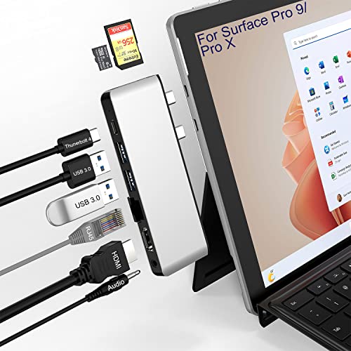 Surface Pro 9 Hub-Dockingstation mit 4K HDMI, USB-C Thunderbolt 4(8K@30Hz+40G Daten+100W Leistung), 100M RJ45, 2 USB3.0, SD+TF Kartensteckplatz, 3.5mm Audio, Triple Display für Surface Pro 9/X von Yeemie Pro