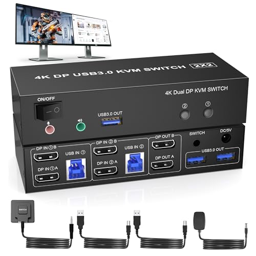 USB 3.0 Displayport KVM Switch 2 PC 2 Monitors 4K@60Hz, DP KVM Switches Geeignet für 2 Computer Die Sich 2 Monitore, Unterstützung Kopieren und Erweiterte Anzeige und Desktop-Steuerung von Yeemie Pro