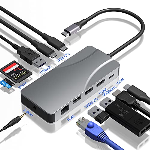 USB C Hub, USB C MacBook Adapter Multiport 11 in 1 HDMI Splitter, kompatibel für MacBook Pro/Air und andere Typ C Geräte (4K HDMI 3.0 USB C SD/TF Kartenleser 1Gbps Ethernet 3.5mm Audio 100W PD) von Yeemie Pro