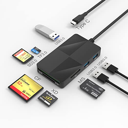 USB C USB 3.0 Kartenleser 8 in 1 Kartenlesegerät für CF/SD/TF/XD/MS Card Reader mit Extra 3 USB Ports USB Lesegerät Adapter für SD SDXC SDHC CF CFI TF Micro SD SDXC SDHC MS MMC UHS USB Stick von Yeemie Pro