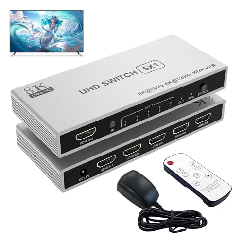 8K HDMI 2.1 Switch 4K 120Hz,HDMI Umschalter 5 In 1 Out mit IR Fernbedienung,5 Port HDMI Splitter Automatisch Unterstützt 8K 60Hz 3D HDR10 HDCP 2.3 Dolby VRR 48Gbps für Fire TV, PS5, PS4 Blu-Ray von Yeemie