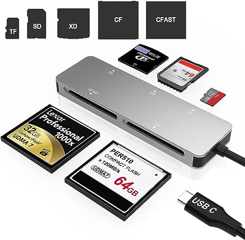 CFast Kartenleser,5-in-1 USB C CFast 2.0/CF/SD/TF/XD Speicherkartenadapter,Hochgeschwindigkeits-Aluminium-Kompakt-Flash-Kartenleser, liest 5 Karten gleichzeitig, unterstützt Windows/Linux/MAC OS von Yeemie