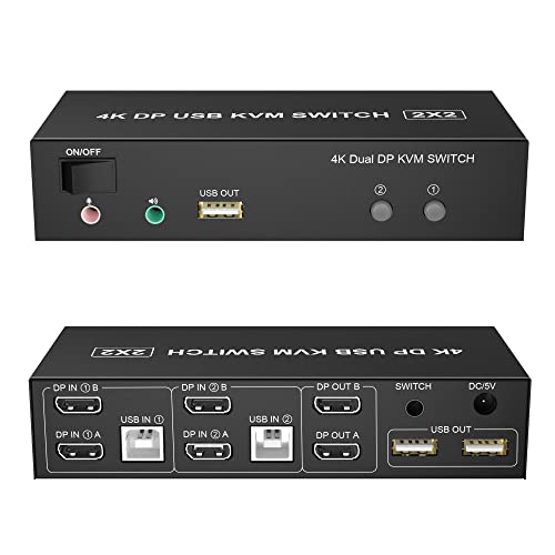 KVM Switch Dual Monitor DisplayPort 4K@60Hz Extended Display, Displayport 1.2 KVM Switch 2 in 2 Out mit Audio Mikrofon Ausgang und 3 USB 2.0 Hub 2 Monitore 2 Computer KVM Switch von Yeemie