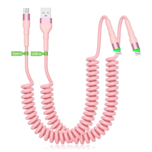 Lightning Spiralkabel USB C und USB A, 2er-Pack, [MFi-zertifiziert] Apple Carplay-Kabel mit Datenübertragung und LED, kurzes einziehbares iPhone-Ladekabel für das Auto, Pink von Yeemie