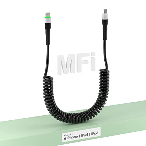 [MFi Zertifiziert] Spiralkabel Lightning Kabel für Apple CarPlay, USB-C iPhone Ladekabel PD 27W Schnellladung mit Datenübertragung & LED, Schwarz von Yeemie