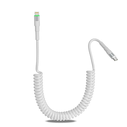[MFi Zertifiziert] Spiralkabel Lightning Kabel für Apple CarPlay, USB-C iPhone Ladekabel PD 27W Schnellladung mit Datenübertragung & LED, Weiß von Yeemie