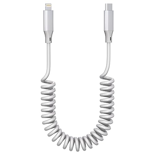 Spiralkabel USB C auf Lightning Kabel für Apple CarPlay, USB-C iPhone Ladekabel PD 27W Schnellladung mit Daten, Spiral Kurz für iPhone 14 13 12 11 Pro Max Plus Mini SE XS XR X 8 7 6 5, Weiß von Yeemie