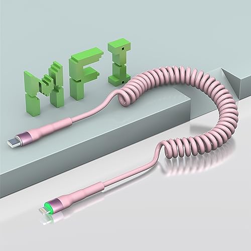 Yeemie USB C auf Lightning Kabel iPhone Spiralkabel A pple CarPlay Kabel für Auto - [A pple MFi] PD Schnelles Laden & Datenübertragung USB C iPhone Lightning Ladekabel, Rosa von Yeemie