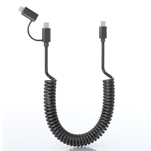 Yeemie USB C auf USB C und Lightning Spiralkabel 2 in 1 Carplay Kabel, 60W Schnellladen Datenübertragung und MFi Zertifiziert Kurz Spiral Lightning USB C Adapter für iPhone, Android, iPad, MacBook von Yeemie