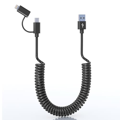 USB auf USB C und Lightning Spiralkabel 2 in 1 Apple Carplay und Android Auto Kabel, Schnellladen Datenübertragung und MFi Zertifiziert Kurz Spiral Typ C & Lightning Kabel für iPhone & Android Telefon von Yeemie