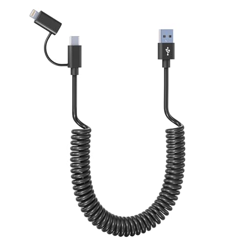 USB auf USB C und Lightning Spiralkabel 2 in 1 Apple Carplay und Android Auto Kabel, Schnellladen Datenübertragung und MFi Zertifiziert Kurz Spiral Typ C & Lightning Kabel für iPhone & Android Telefon von Yeemie