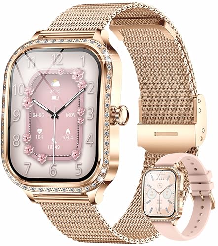 Yeforu Smartwatch Damen 1.75" Diamant Roségold Armbanduhr mit Telefonfunktion Herzfrequenz Schlafmonitor Menstruationszyklus (2 Armbänder) von Yeforu
