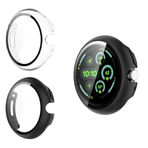 Yenwen Hülle kompatibel mit Google Pixel Watch 3 (45mm) Schutzhülle, 2 Stück Hard Case mit Displayschutz für Panzerglas, Anti Kratz PC Schutzhülle, Ultra Slim HD Clear Cover -Transparent + Schwarz von Yenwen
