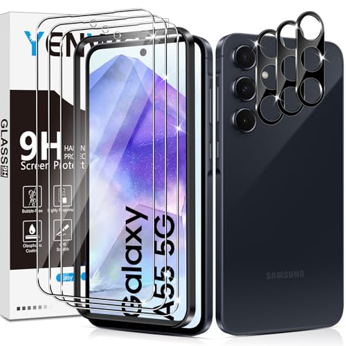 Yenwen Schutzfolie für Samsung Galaxy A55 5G für Panzerglas, 3 Stück Displayschutz Glas mit 3 Stück Kameraschutz, 0.33mm 9H Härte Panzerfolie Folie Handy Schutzglas, Anti-Kratzer, Bläschenfrei von Yenwen