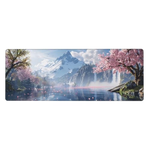 Kirschblüten Mauspad XXL 1000 x 500 x 3mm,Groß Gaming Mauspad schneebedeckte Berge Design Vernähte Kanten,Wetterfest Anti Rutsch Mousepad Laptop Verbessert Präzision und Geschwindigkeit für Office von Yeogcohe