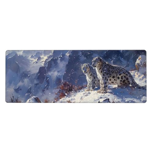Schneeleopard Mauspad XXL 1000 x 500 x 3mm, Groß Gaming Mauspad Schnee Design Vernähte Kanten, Wetterfest Anti Rutsch Mousepad PC Laptop Verbessert Präzision und Geschwindigkeit für Home Office von Yeogcohe