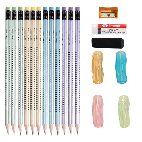 Yeria Dreikant Bleistifte Kinder, Bleistifte Set Mit 12pcs Bleistift 2b & 4 Schreibhilfe 1 Bleistiftspitzer 2 Radiergummi, Bleistifte HB Schreiben Zeichenwerkzeuge für Schule, Prüfungen von Yeria