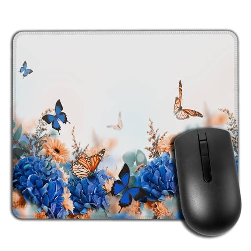 Yeuss Bokeh Mauspad mit Schmetterlingen, toller Hintergrund mit Hortensien und Gänseblümchen, gelben und blauen Blumen auf Einer weißen Blanko-Karte, Natur Gaming Mauspads 200 mm x 240 mm von Yeuss