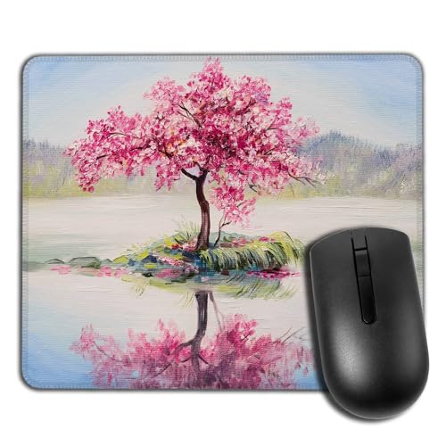 Yeuss Cherry Art Mauspad, rechteckiges, rutschfestes Mauspad, Ölgemälde, Landschaft, orientalischer Kirschenbaum, Sakura am See, Gaming-Mauspads, Rosa, 200 mm x 240 mm von Yeuss