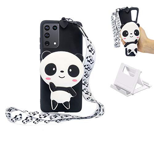 Yewos Kompatibel mit Samsung Galaxy S22 Ultra 5G Hülle,3D Tiere Pandas Karikatur Handyhülle Weich Schwarz Silikon Handytasche mit Trageschlaufe,Cool Kawaii Kinder Mädchen Stoßfest Schutzhülle von Yewos