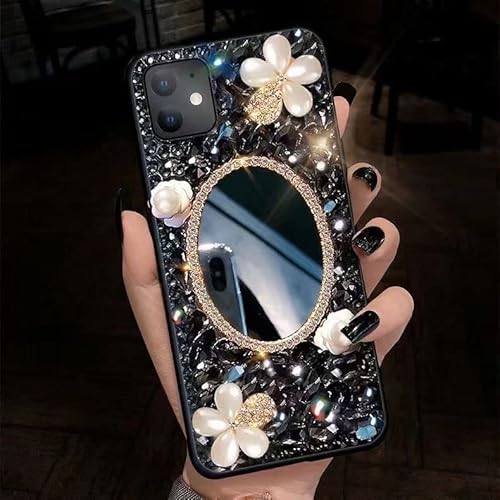 Yewos Spiegel Diamant Hülle Kompatibel mit Samsung Galaxy S22 Plus,Funkeln Schwarz Glänzender Kristall Handgefertigte 3D-Perle Blume Strass-Stein Cute Mirror Schutzhülle für Mädchen und Frauen von Yewos