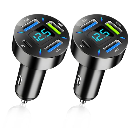2PCS 4-Port USB C Auto Ladegerät Zigarettenanzünder Adapter, Super (66W), PD und duale 3.1A, LED-Voltmeter, kompatibel mit Allen gängigen Smartphones auf dem Markt von Yewseas