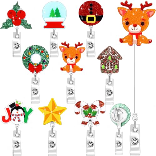 9 Stück Weihnachten Badge Reel Holder Elch Retractable Nurse Badge Reel Bling Glitter Holiday Badge Reels Christmas Tree Cute Acrylic ID Name Badge Holder with Alligator Clip for Office Nurses Doctors von Yexiya