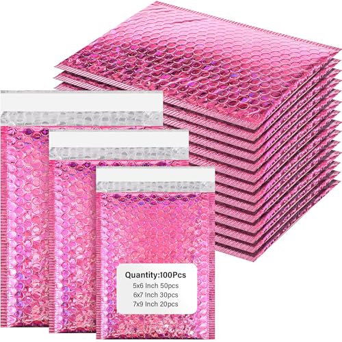 Yeyeplum Luftpolster-Versandtaschen, starke Haftung, metallische Luftpolsterumschläge, wasserdicht, strapazierfähig, gepolstert, für kleine Unternehmen, 100 Stück (Rosarot) von Yeyeplum