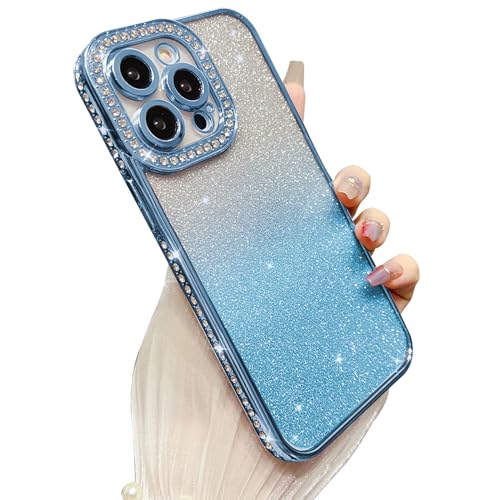 Yhsvie Glitzer Handyhülle iPhone 15 pro Hülle,Bling Glitter Schutzhülle iPhone 15 pro 6.1'' Transparent Silikon Case Cover Diamant TPU Bumper für Frauen und Mädchen Blau von Yhsvie