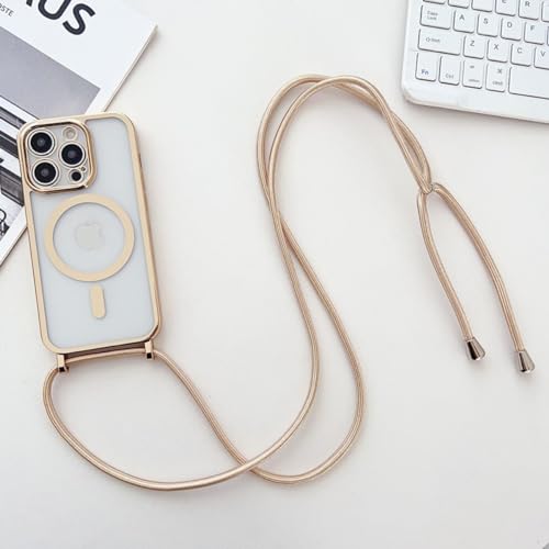 Yhsvie Handykette iPhone 14 pro Magnetisch Hülle mit Band,Klare Silikon Handyhülle Kompatibel mit MagSafe Schutzhülle mit Kordel Lanyard Bumper Galvanisierte Dünn TPU Case Cover 6.1'' Gold von Yhsvie