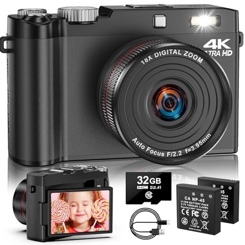 4K Digitalkamera - 64MP Autofokus Vlogging Kamera, One-Touch Makro & 18X Digitalzoom, 2.8“ 180° Flip Screen Kompaktkameras für Anfänger & Erwachsene, inkl. 32GB SD Karte & 2 Batterien von YiFuar