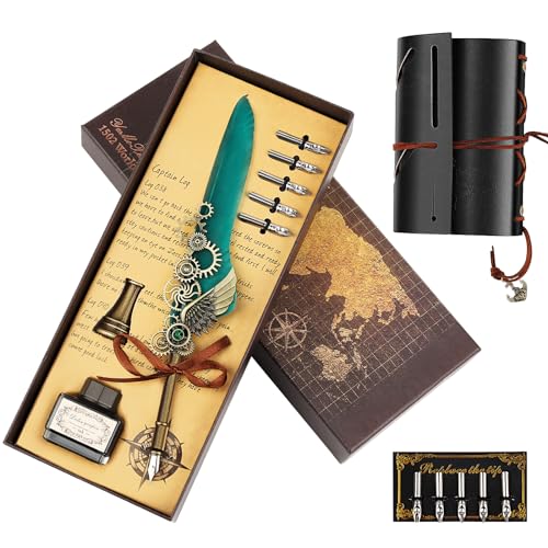 Schreibfeder Kalligraphie, Vintage Federstift Tinte mit Heft, Antiken Feder Kalligraphie Stift mit schwarzer Tinte &10 austauschbar Federn, Executive Schreibware Geschenk für Papa Junge Mädchen von YiJiuBa