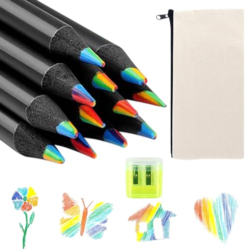 YiJiuBa 8 Farben Regenbogenstifte, Jumbo Buntstifte mit 1 Bleistift Tasche und 2 Bleistiftspitzer, Mehrfarbige Stifte für Erwachsene & Kinder, Buntstifte für Kunst, Zeichnen, Färben, Skizzieren USW von YiJiuBa