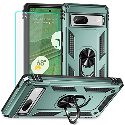 Für Google Pixel 7A Hülle Mit HD-Bildschirmschutzfolie, Stoßfest Schutzhülle Mit Ring Standfunktion Case Cover (Dunkel Grün) von Yiakeng