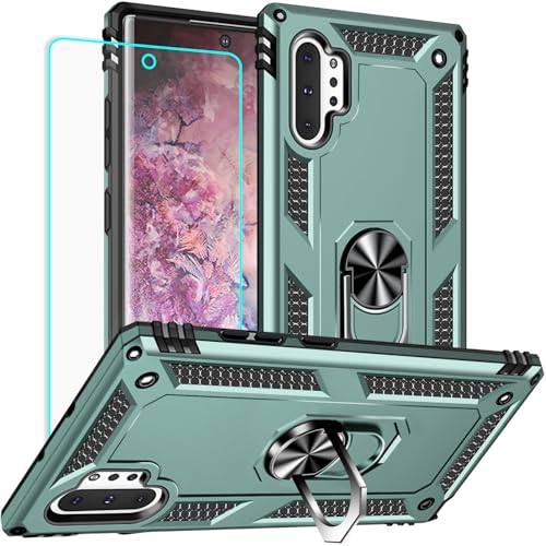 Schutzhülle für Samsung Galaxy Note 10 Plus mit Displayschutzfolie: [Falltest in Militärqualität], Ringhalter, Ständer, stoßfest, rutschfest, Schutzhülle für Note 10 Plus 6,8 - Dunkelgrün von Yiakeng