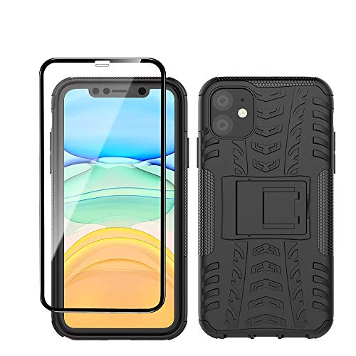 Yiakeng Handyhülle für iPhone 11 Hülle, iPhone 11 Hülle, mit Panzerglas Schutzfolie, Stoßfest Schlank Silikon 360 Grad Schutz Mit Ständer für Apple iPhone 11 (Schwarz) von Yiakeng
