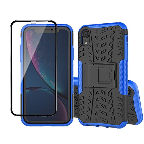 Yiakeng Handyhülle für iPhone XR Hülle, mit Schutzfolie, Stoßfest Schlank Silikon 360 Grad Schutz Mit Ständer für Apple iPhone XR (Blau) von Yiakeng