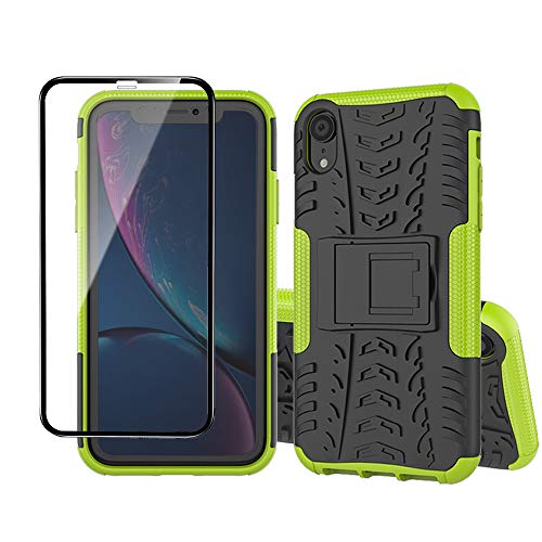 Yiakeng Handyhülle für iPhone XR Hülle, mit Schutzfolie, Stoßfest Schlank Silikon 360 Grad Schutz Mit Ständer für Apple iPhone XR (Grün) von Yiakeng