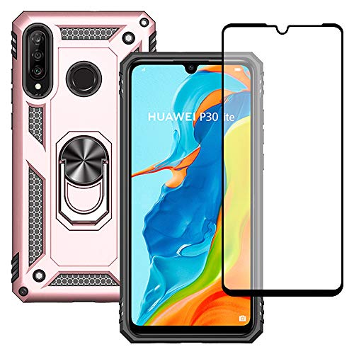 Yiakeng Hülle für Huawei P30 Lite Handyhülle, mit Schutzfolie, Stoßfest Schutzhülle Mit Ring Standfunktion Case Cover für Huawei P30 Lite (Roségold) von Yiakeng